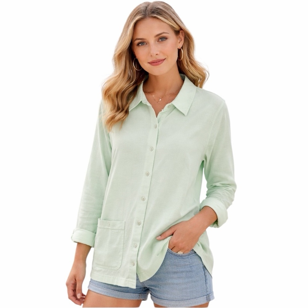Fresh Produce Button Front Shirt S Green Long Sleeve Lagenlook Coastal grandma